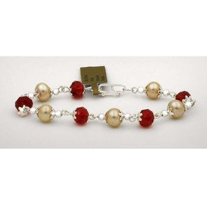 GENUINE PEARLS & RUBY CRYSTAL BRACELET .925 Silver * NEW WITH TAG *